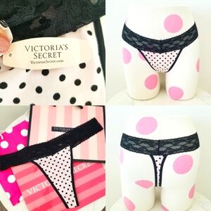 Victoria's Secret Vintage Low Rise Thong Tanga Lace Panty Polka Dots NWT Cotton